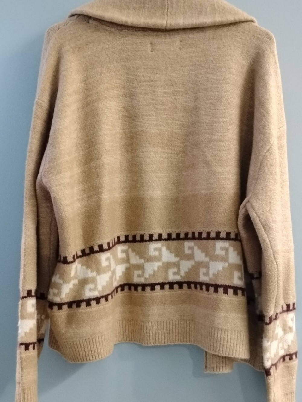 Lucky Brand Beige Shawl Collar Open-Front Cardigan w/ Patterned Trim Size Large - Picture 4 of 4